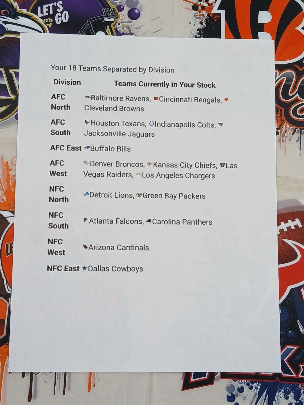Sports Teams List Sheet - White Paper